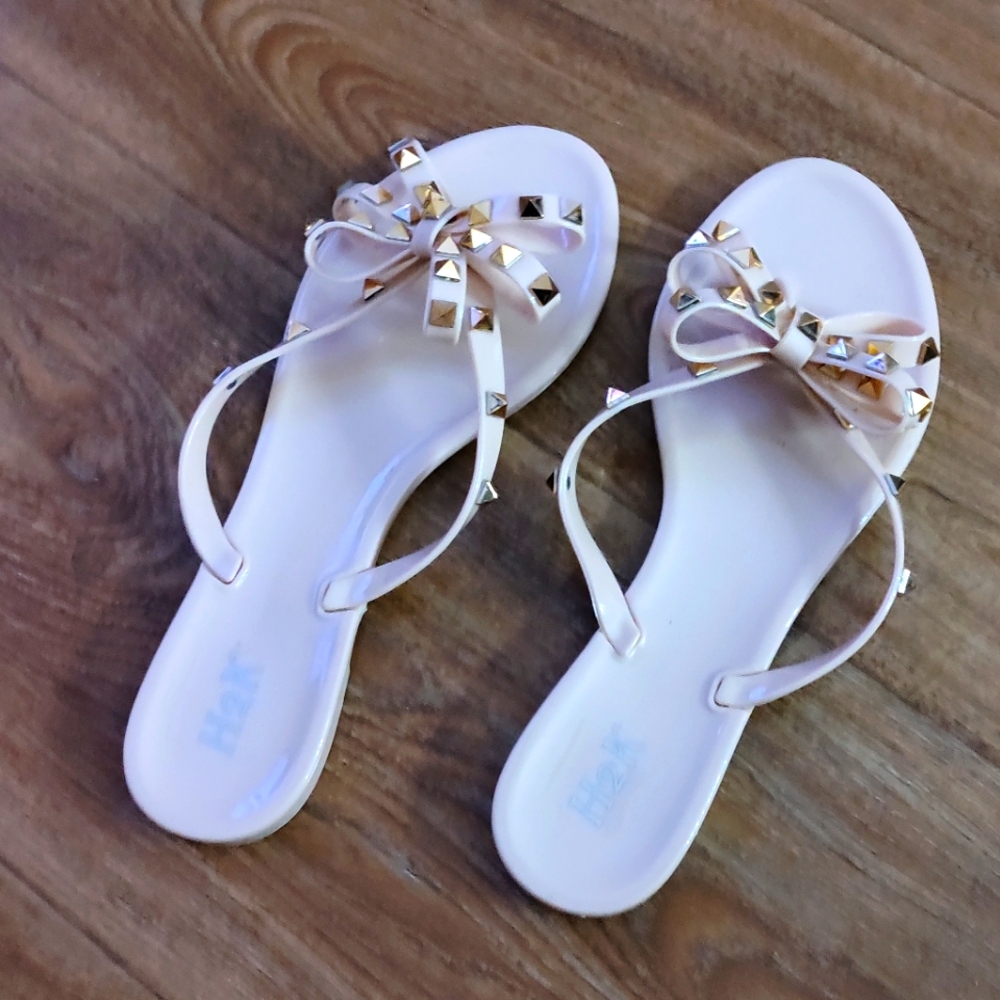 Studded Bow Sandals - Beige